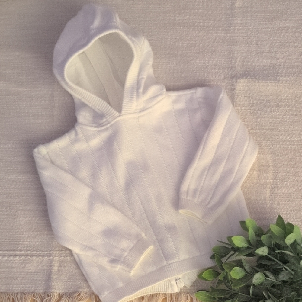 Vintage White Hooded Knit Sweater Zip Back 100% Pima Cotton